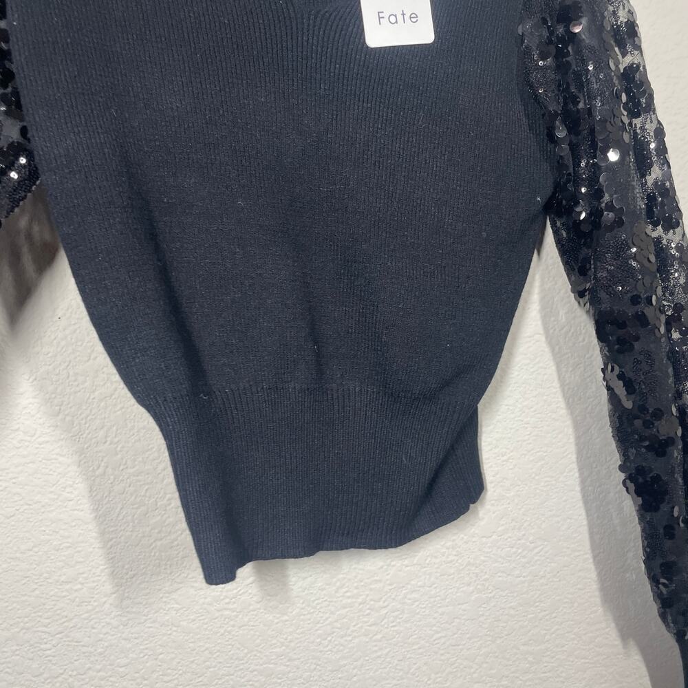 Fate Womens Size Small Sequin V Neck Sweater Top Black Ribbed Long Sleeves - Picture 3 of 7